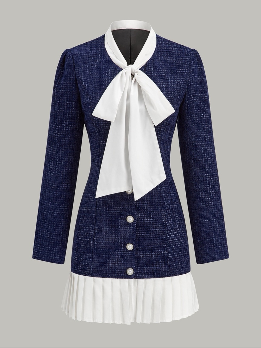 Commense Pleated Hem Bow Neckline Tweed Mini Dress - Picture 2 of 10